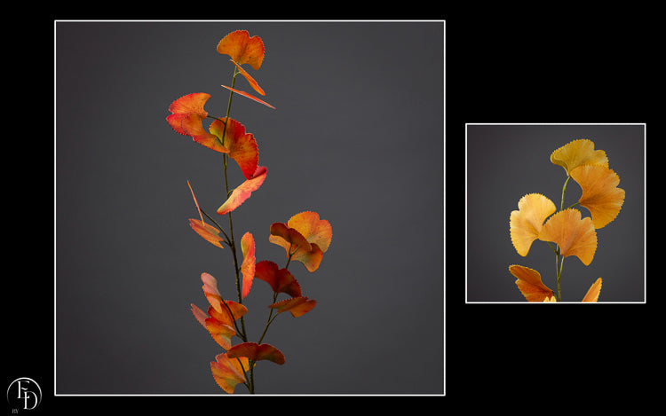 Branche de Ginkgo Biloba artificielle orange/rouge H.80 cm – Feuillage automnal flamboyant