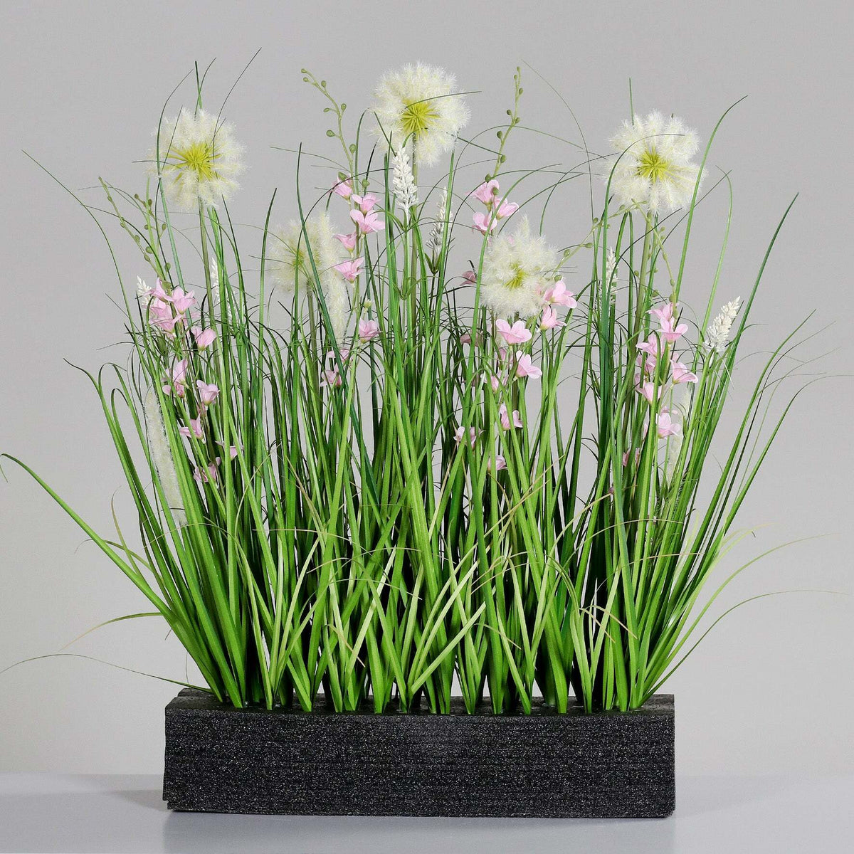 Composition artificielle fleurs de prairie et herbes sur mousse - pour jardinière rose - H.75cm - P4