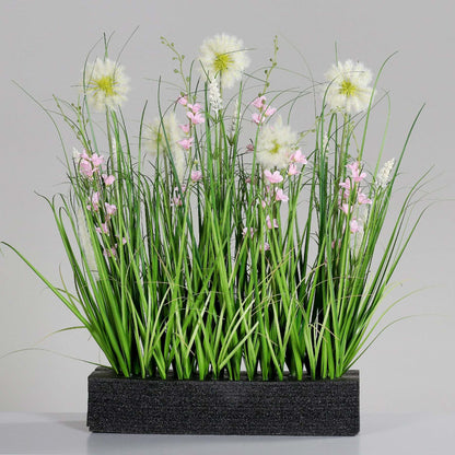 Composition artificielle fleurs de prairie et herbes sur mousse - pour jardinière rose - H.75cm - P4