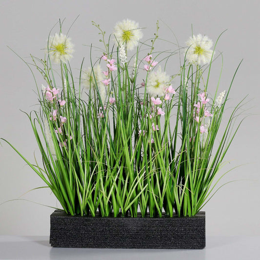 Composition artificielle fleurs de prairie et herbes sur mousse - pour jardinière rose - H.75cm - P4